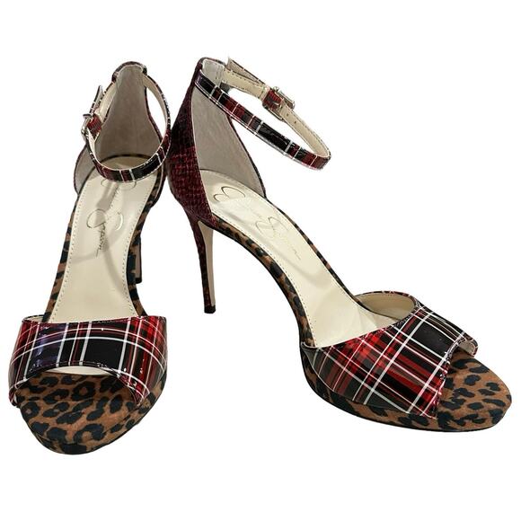 Jessica Simpson daisile faux leather heels plaid leopard snakeskin size 9M /40 - Picture 2 of 8